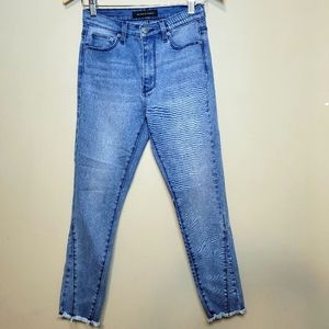 Neon Blonde High Waist Mid Wash Skinny Jeans with Raw Hem Size 26